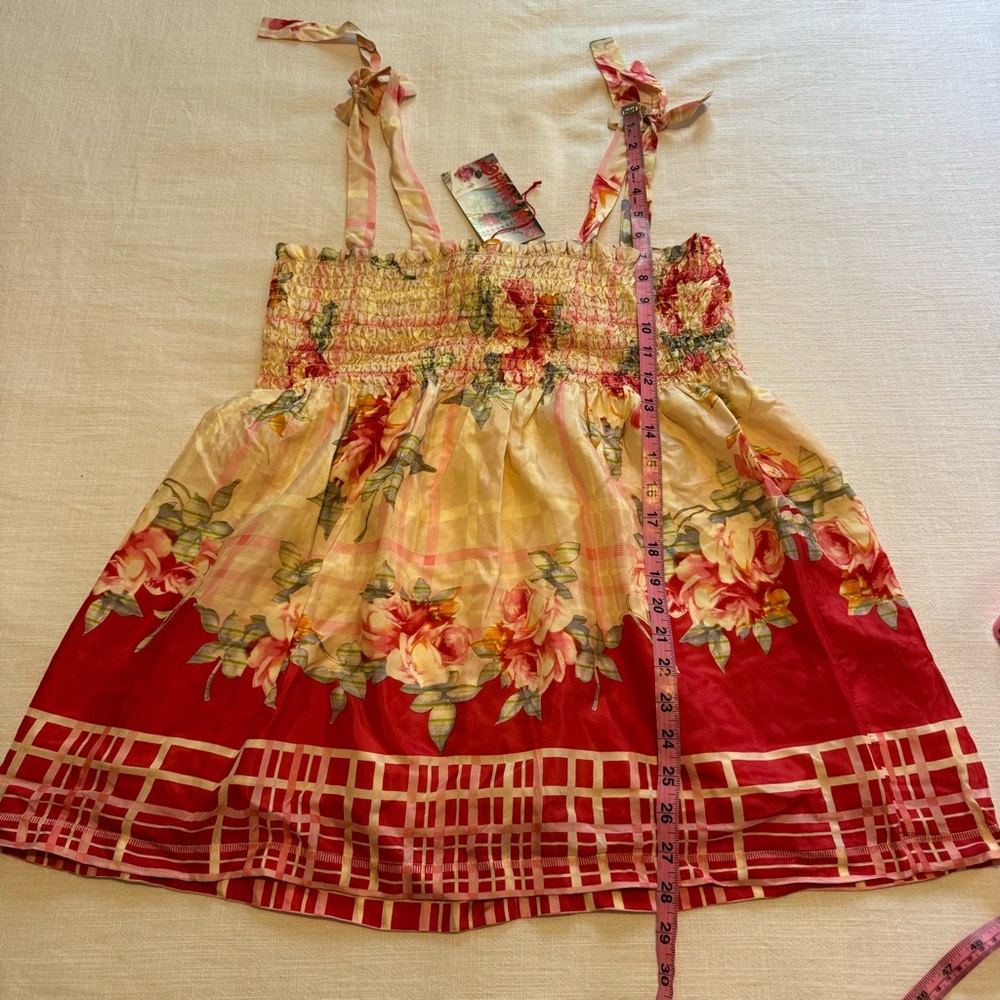 Johnny Was Cream and Red Smocked Tie Front Tank Top - Picture 4 of 8